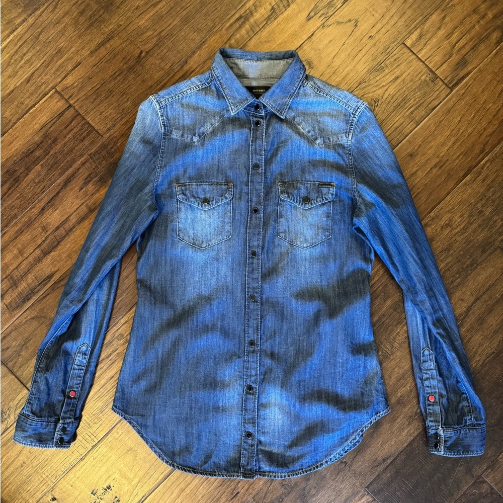 Diesel Timeless Denim Button Down Shirt Western Snap Blue Size S